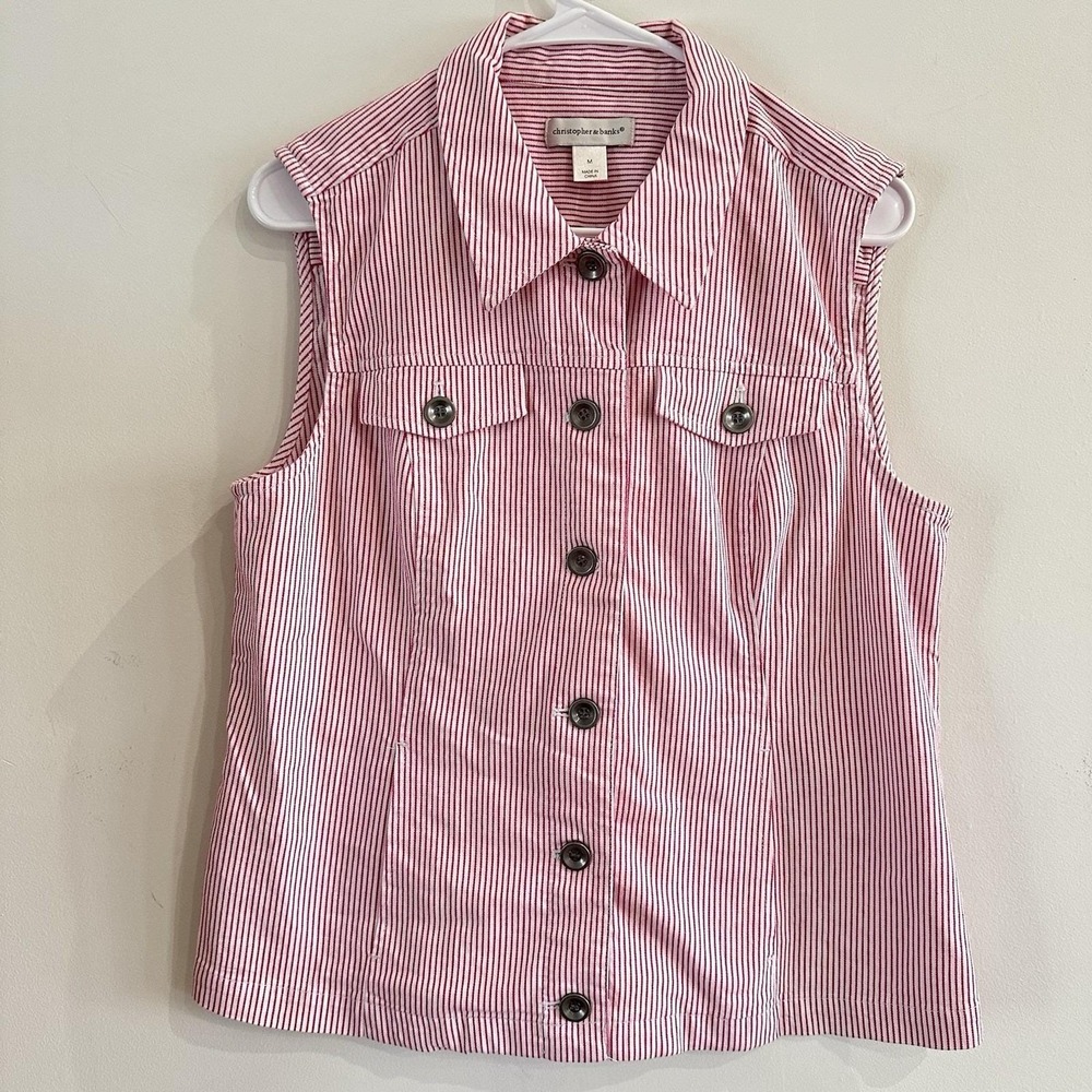 Women's Christopher & Banks Vest Cotton Pink White Striped Button Down Medium‎